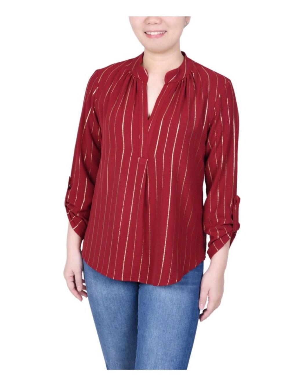 NY Collection Petite Size PXL Roll tab sleeves Foil Striped Blouse Dark Red
